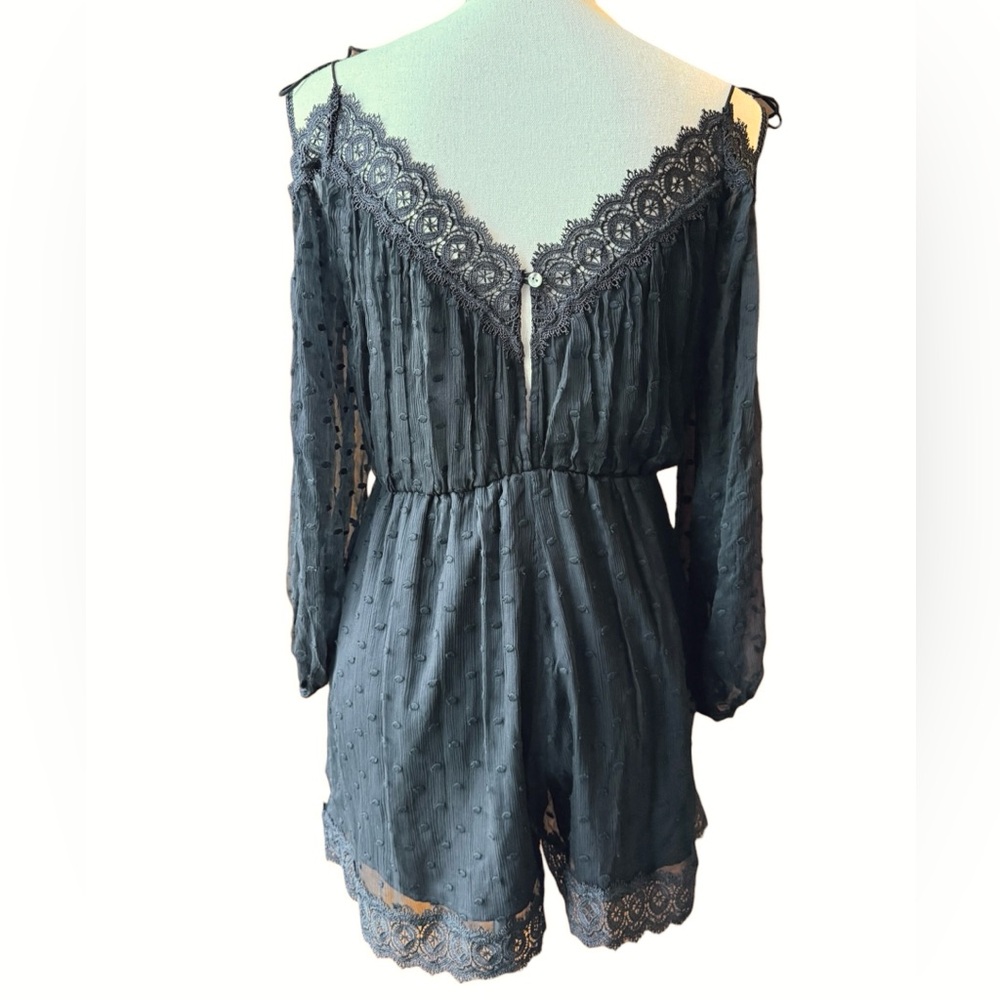 Zimmermann Black Silk Lace Trim Romper V Neck Long Sleeve Size 1 Small - Picture 4 of 13